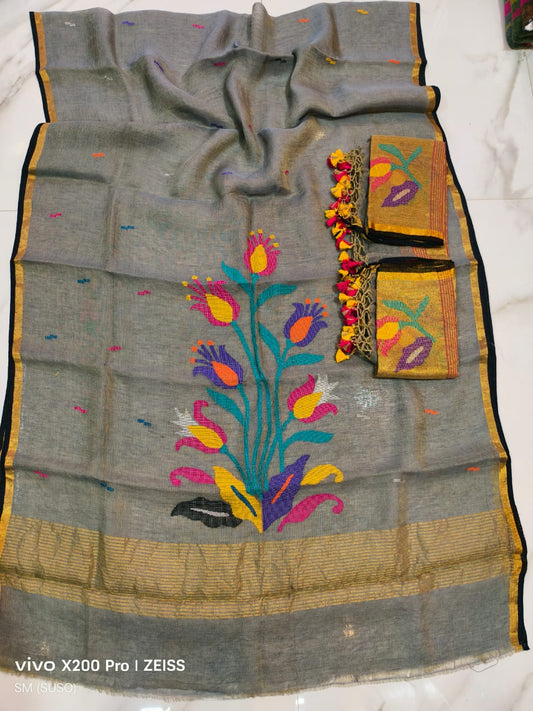 Cosmos – Floral Multicolour Weaved Jayshree Linen by Linen Jamdani Suits