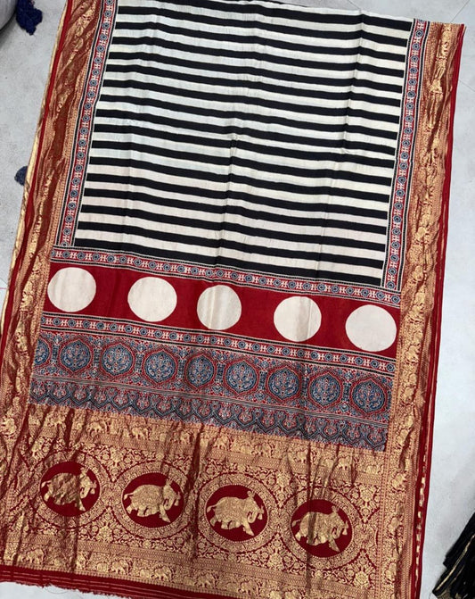 Dola Silk Rich Pallu Ajrakh Hand Block Print Saree