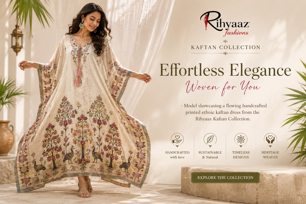 Model showcasing a flowing handcrafted printed ethnic kaftan dress from the Rihyaaz Kaftan Collection.