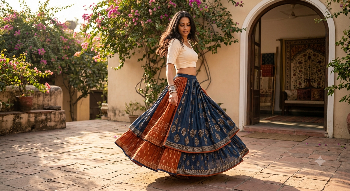 Model twirling in a flowing, handcrafted ethnic designer skirt from the Rihyaaz Skirt Collection.