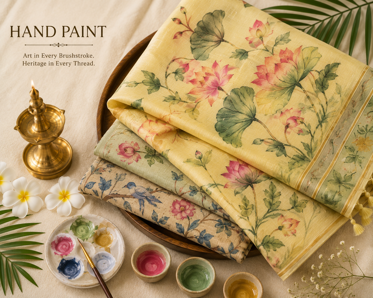 A display of luxury hand-painted heritage sarees and ethnic suits by Rihyaaz.