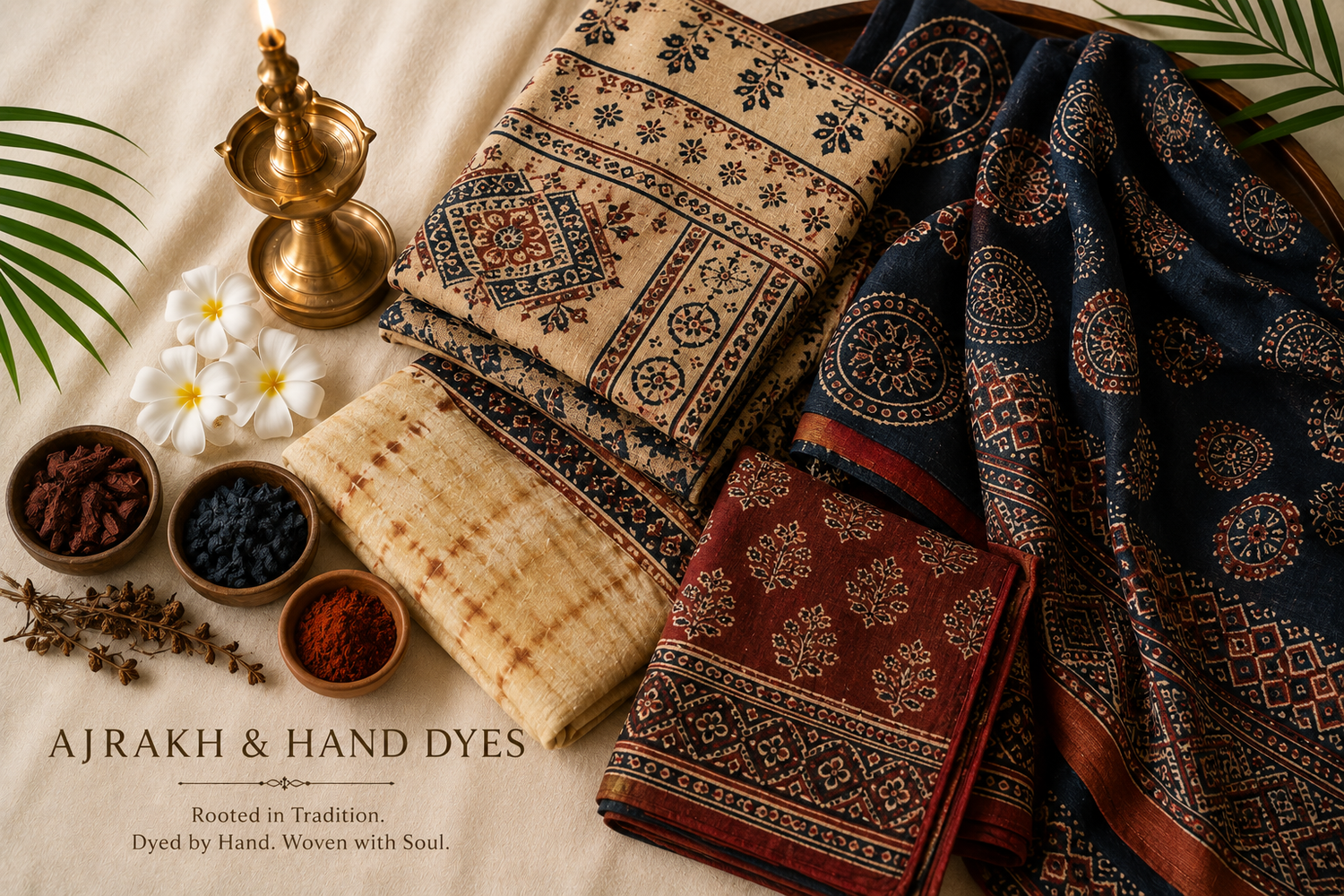 "A detailed close-up of a premium Rihyaaz Ajrakh saree, showcasing the rich natural indigo dye and intricate hand-block printed geometric heritage motifs on luxury fabric."