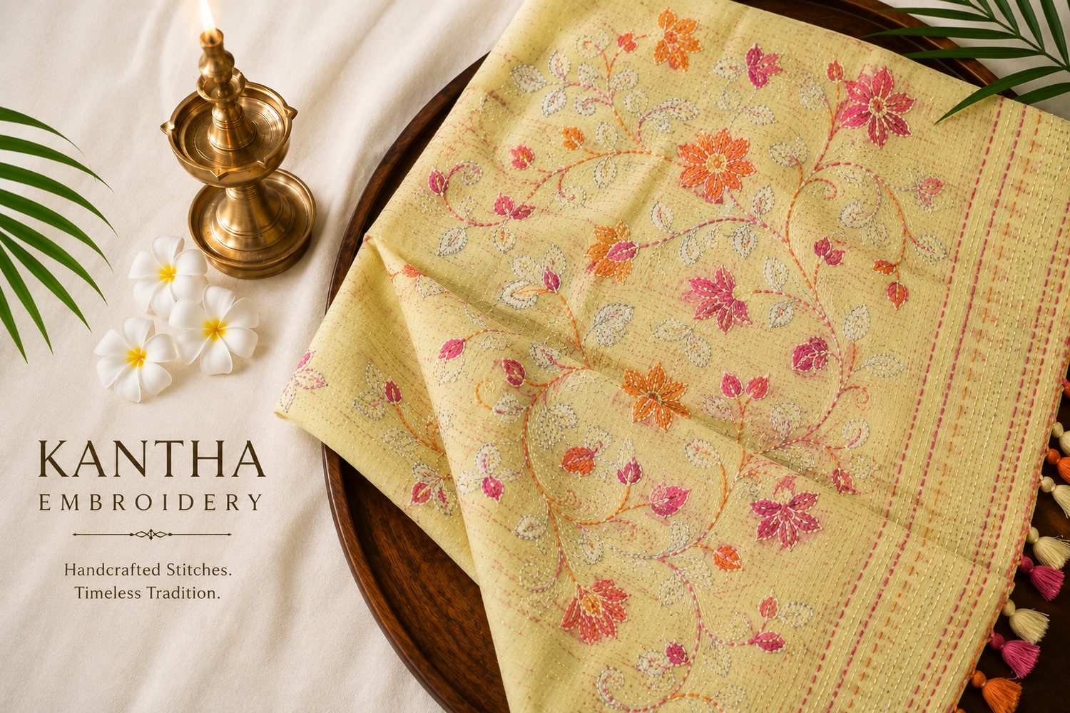 "A detailed close-up of a premium Rihyaaz hand-stitched Kantha embroidery saree, highlighting the intricate running stitch motifs and rich fabric texture against a sophisticated boutique backdrop."