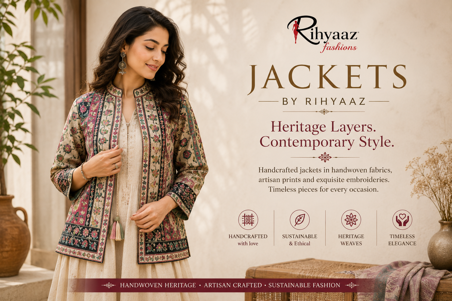 Elegant handcrafted women's ethnic and fusion jackets by Rihyaaz featuring handwoven fabrics, Kantha embroidery, Ajrakh prints and artisan craftsmanship for timeless style.