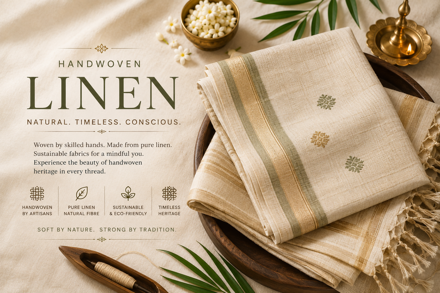 "A detailed close-up of a premium Rihyaaz handwoven pure linen saree, highlighting the rich, distinctive fabric texture and elegant artisanal weaving against a sophisticated minimalist background."