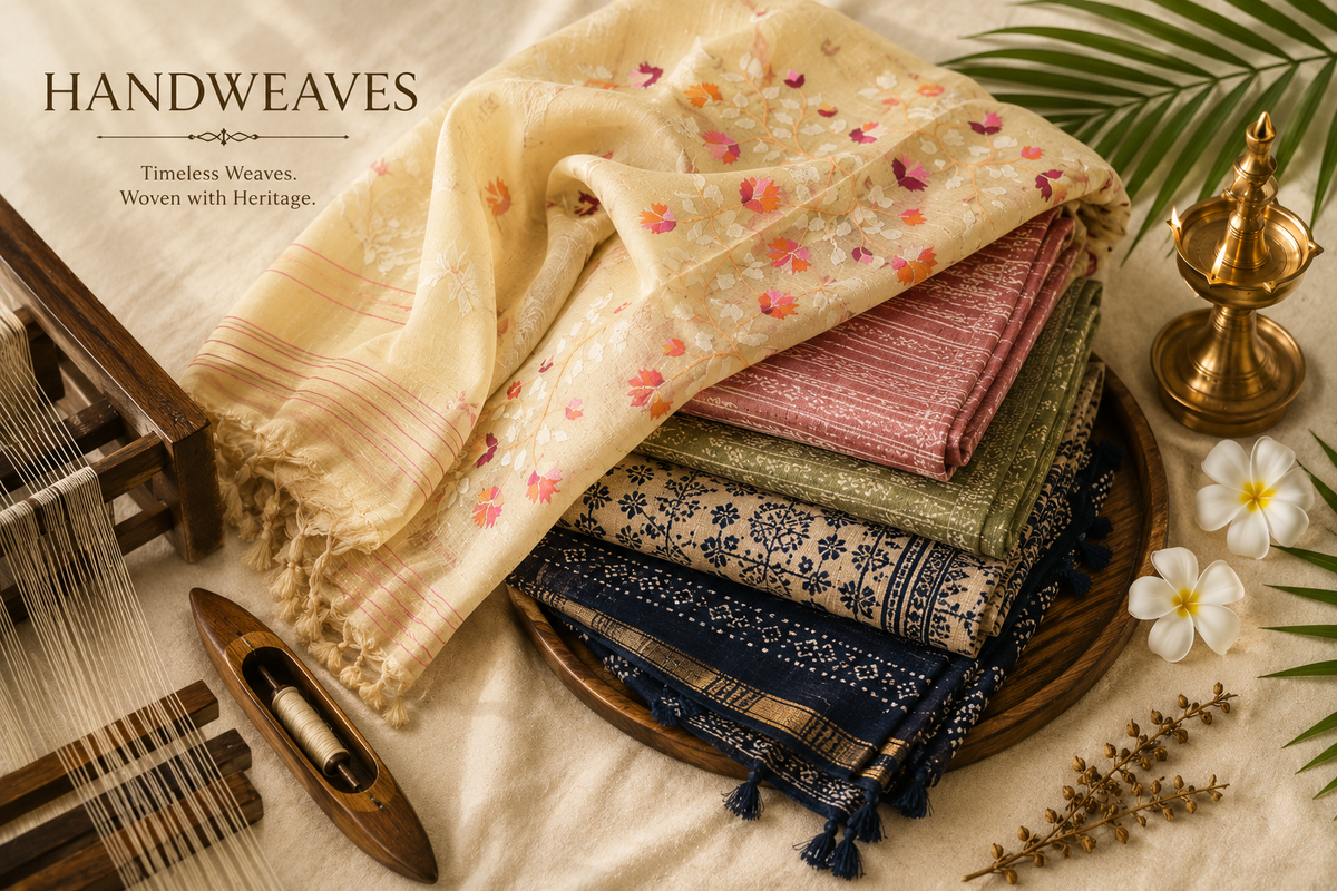 "A premium luxury showcase of the Rihyaaz handweaves collection, featuring a curated display of authentic artisan-made handloom sarees with rich traditional textures and intricate gold zari details."
