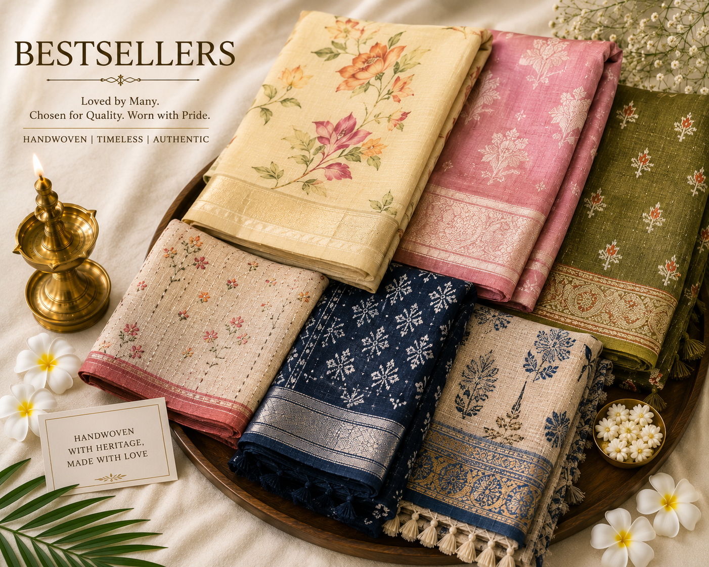 "A premium curated gallery displaying the bestselling luxury sarees from Rihyaaz, showcasing top-rated handwoven silk, linen, and heritage embroidered textiles on elegant boutique hangers."
