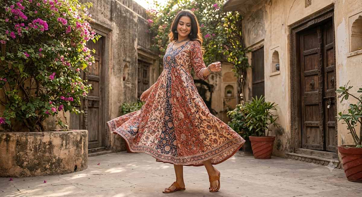 Model showcasing a handcrafted ethnic flowy dress from the Rihyaaz Designer Dress Collection.