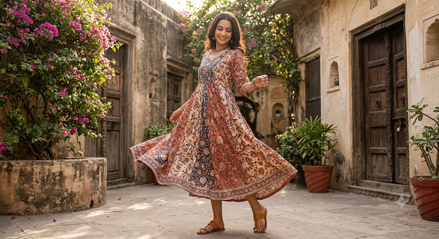 Model showcasing a handcrafted ethnic flowy dress from the Rihyaaz Designer Dress Collection.