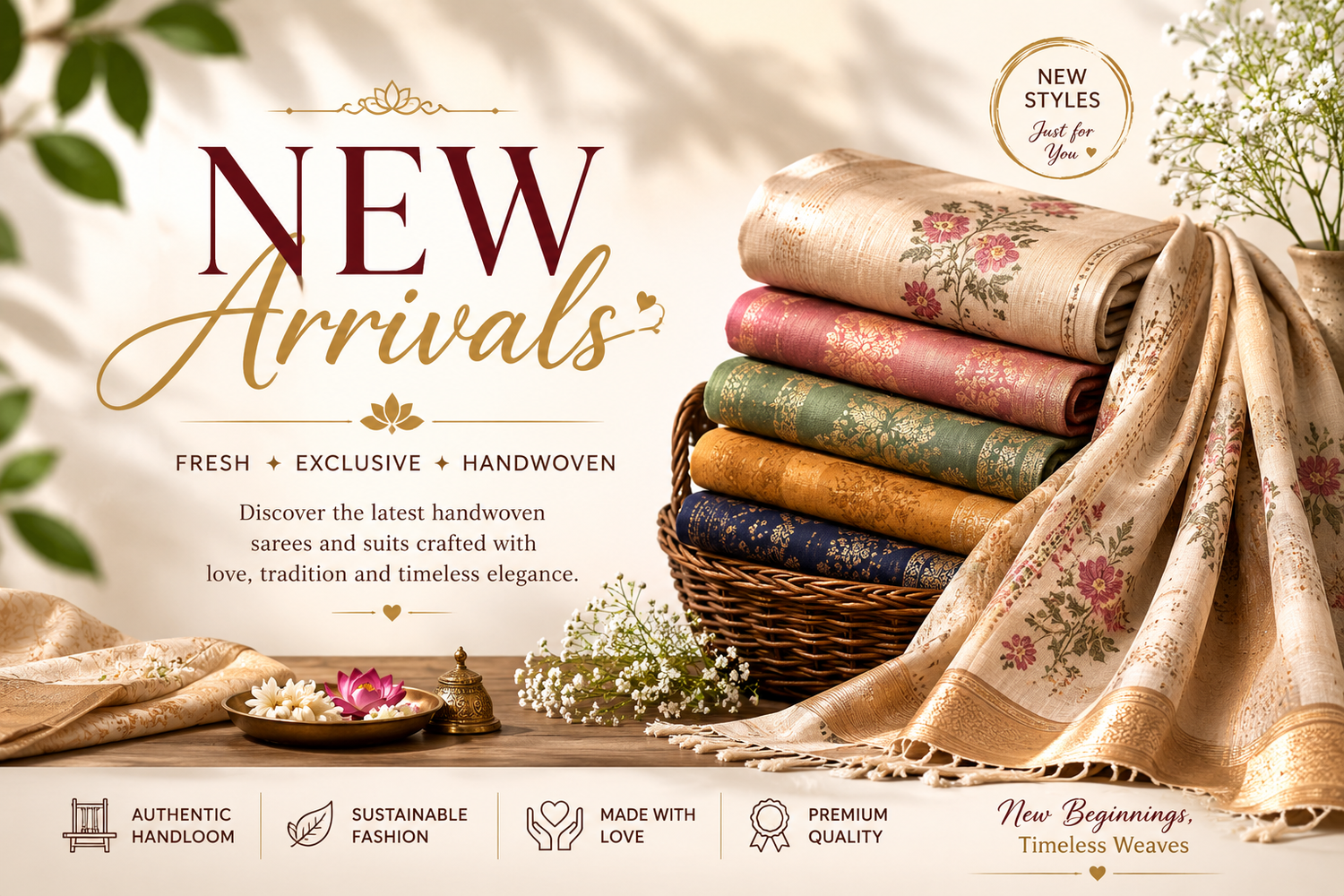 "A curated showcase of the latest new arrivals from Rihyaaz, featuring luxury handwoven heritage sarees in rich vibrant colors and intricate artisanal textures elegantly arranged on high-end boutique displays."
