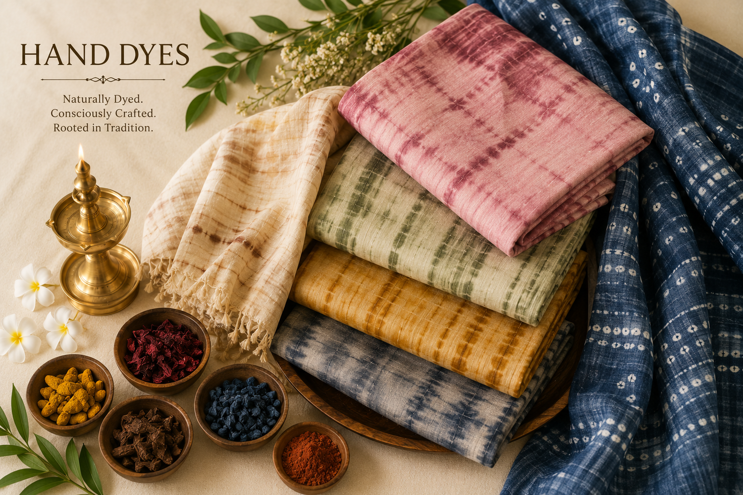 Rihyaaz hand-dyed fabrics displayed with traditional brass lamp, frangipani flowers, and raw natural ingredients like turmeric and madder root.