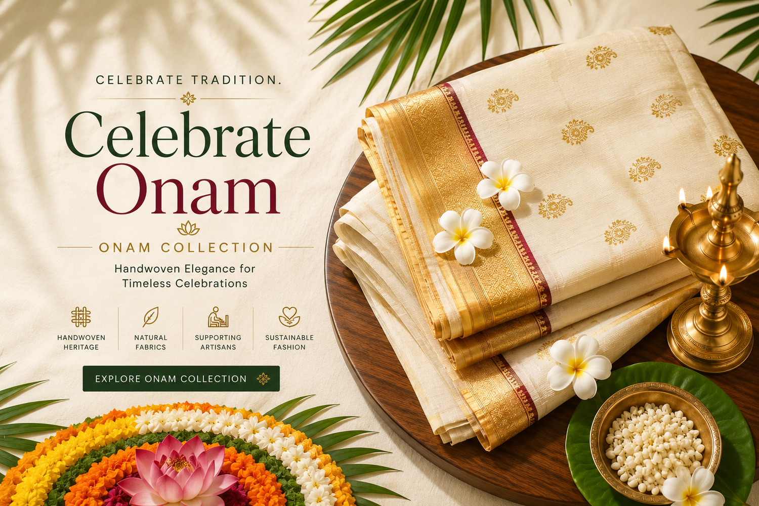 "An elegant display of the Rihyaaz luxury Onam Collection, showcasing a premium handwoven ivory Kerala Kasavu saree with an intricate thick gold zari border draped on a minimalist display stand."