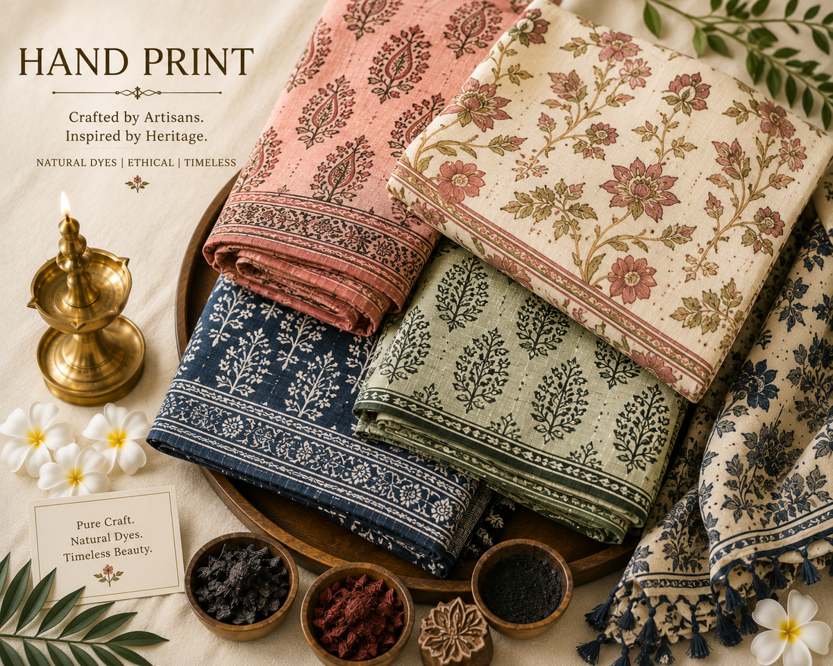 A flatlay showcase of the Rihyaaz handblock printed clothing collection with traditional wooden printing blocks.