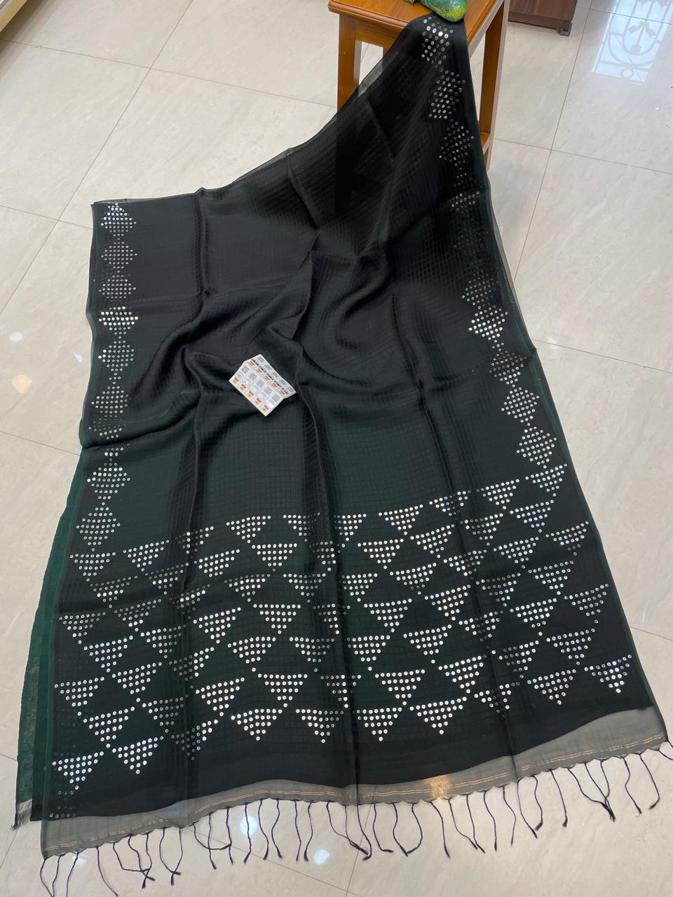Tri Resham silk saree featuring intricate allover pocket weaving and elegant sequin detailing, showcasing traditional craftsmanship with a luxurious festive look, with Government Silk Mark — Rihyaaz.