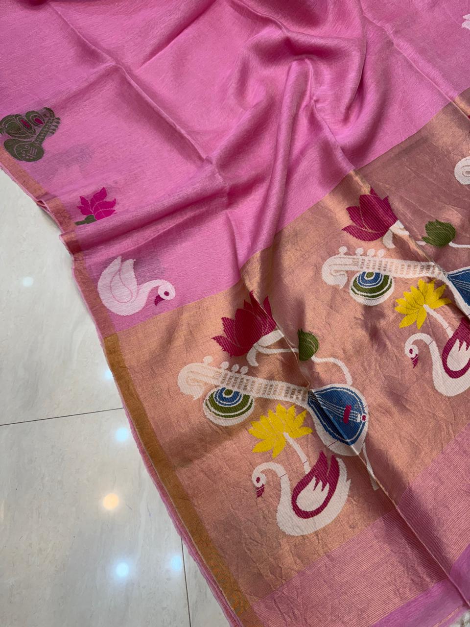 Premium handloom Resham Check Tissue Linen Paithani saree crafted in soft Silk Linen, featuring elegant check detailing and a running blouse piece by Rihyaaz.