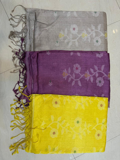 Rihyaaz authentic pure Gachhi 2-ply Tussar Jamdani saree with PL weaving, unique all-over butti work, Silk Mark certified tag and running blouse piece.