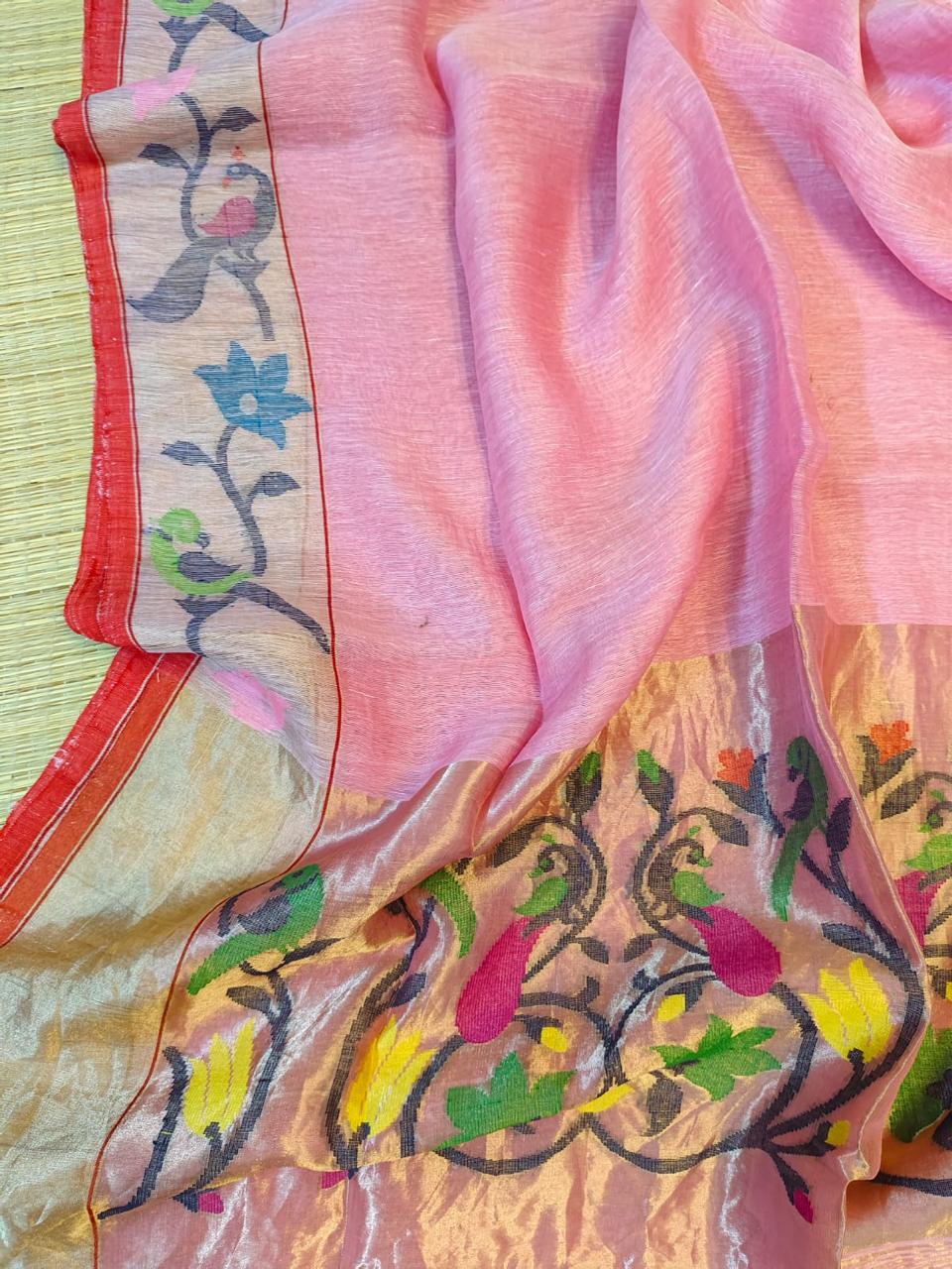 Kheya silk linen Pita zari Paithani saree by Rihyaaz Fashions, featuring traditional zari weaving and elegant handloom detailing.