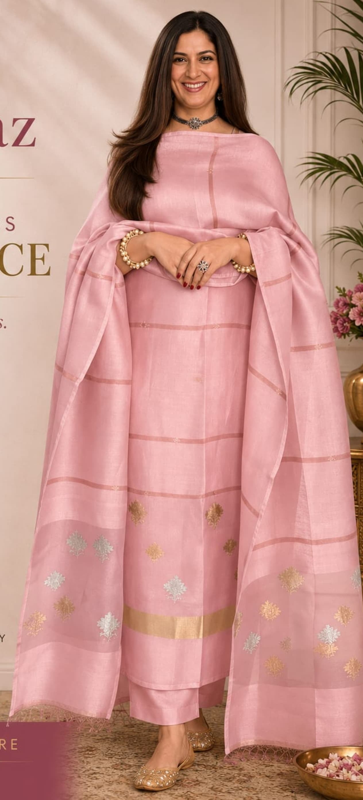 Laaj fine silk and silk-linen weaved suit with intricate gold and silver Jamdani weaving, featuring a matching top and dupatta by Rihyaaz; bottom available separately.