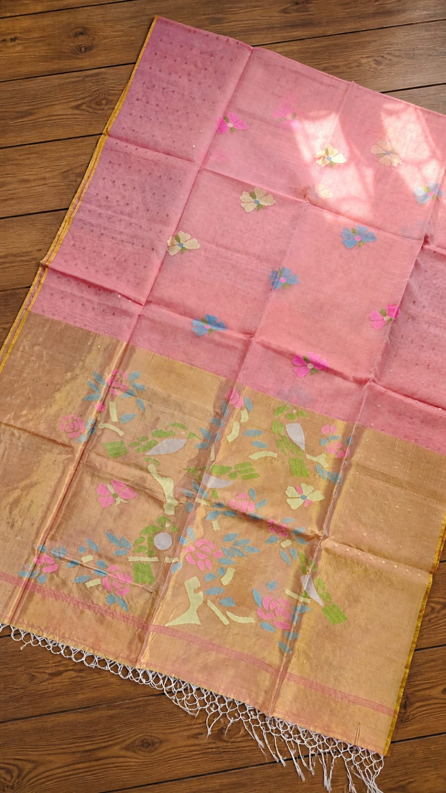 Titli by Rihyaaz – Beautiful muslin Paithani style needle work Jamdani saree with delicate sequins work and matching blouse piece, handcrafted for festive and occasion wear.