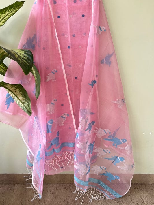 Chidiya muslin woven suit with zari and silk weaving, featuring polka dot motifs on the top by Rihyaaz Fashions.