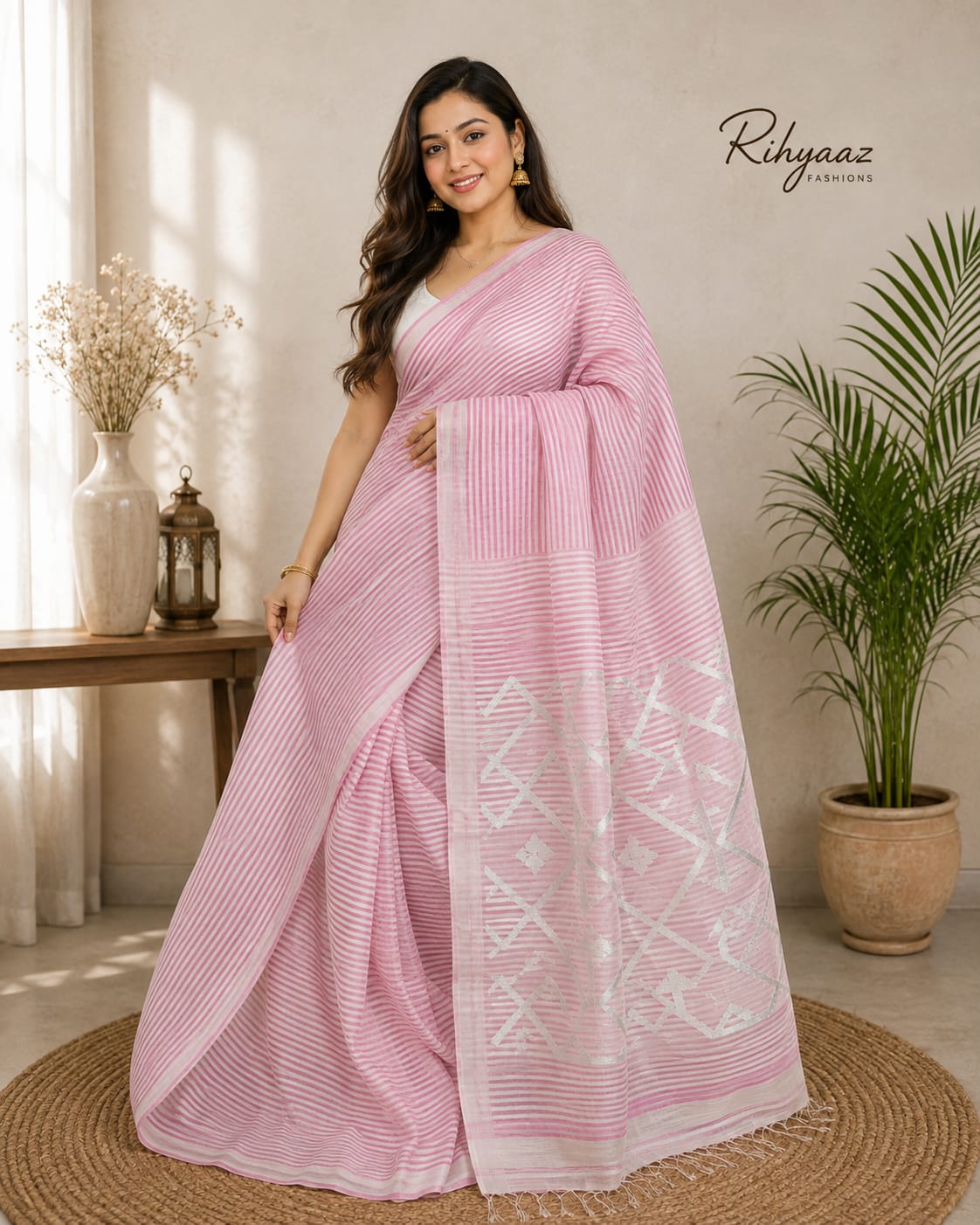 Sarsi – Pure Silk Linen Resham Pallu Jamdani Handwoven Saree with Blouse Piece | Rihyaaz