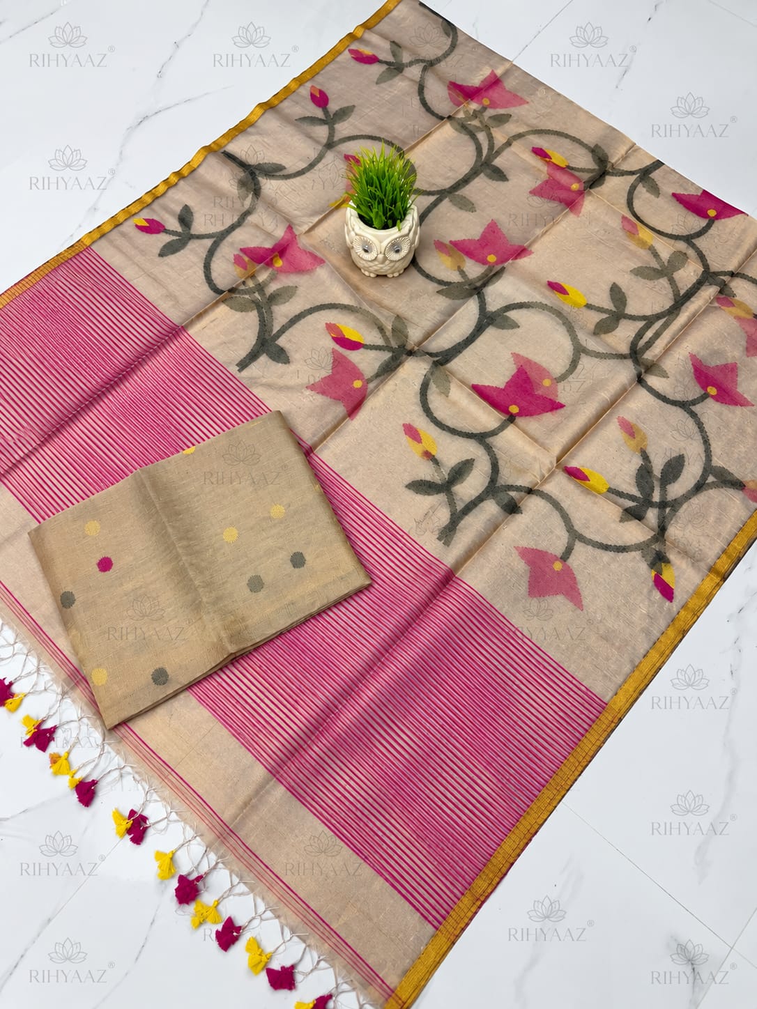 Dhara beige all-over floral weaved needle Jamdani woven tassel dupatta with muslin tissue suit, handcrafted Rihyaaz ethnic wear collection.