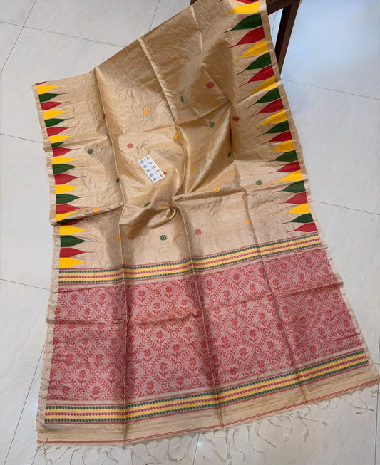 Authentic Pure Bengal Gachhi Tussar 3-Ply Traditional Jamdani Handloom Saree by Rihyaaz with running blouse piece and Government Silk Mark Tag.
