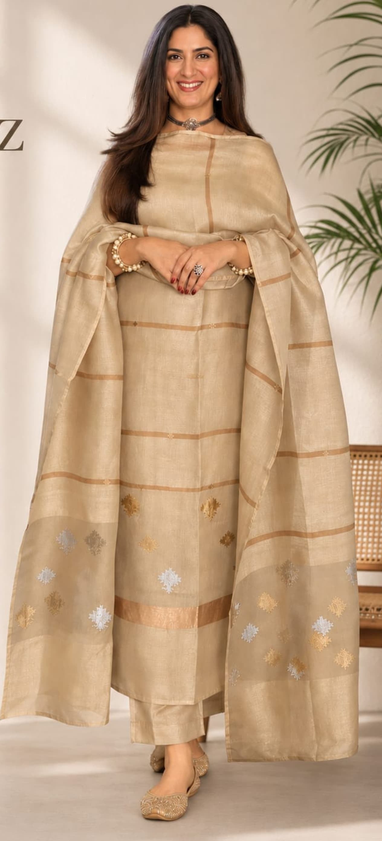 Laaj fine silk and silk-linen weaved suit with intricate gold and silver Jamdani weaving, featuring a matching top and dupatta by Rihyaaz; bottom available separately.
