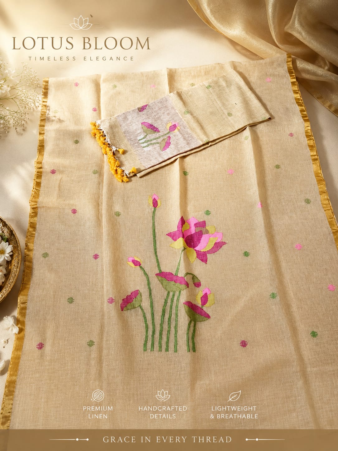Komol Jayshree linen suit with lotus weaving and tissue palla dupatta by Rihyaaz