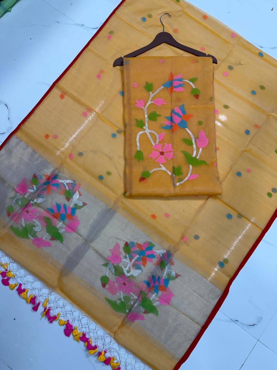 Rihyaaz handwoven Muslin Paithani Jamdani suit with 2.5 meter top and 2.5 meter tassel dupatta, lightweight traditional Indian ethnic wear.