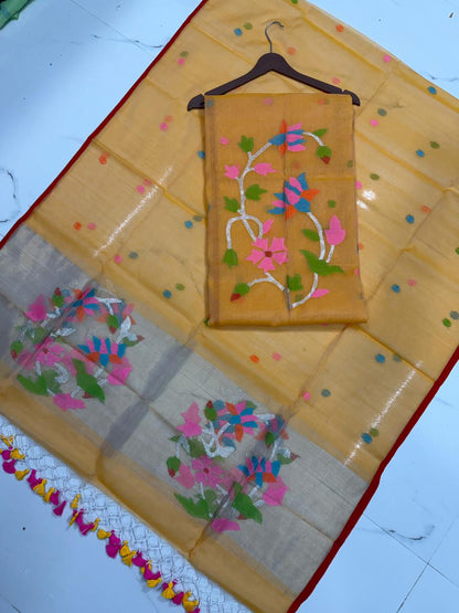 Rihyaaz handwoven Muslin Paithani Jamdani suit with 2.5 meter top and 2.5 meter tassel dupatta, lightweight traditional Indian ethnic wear.