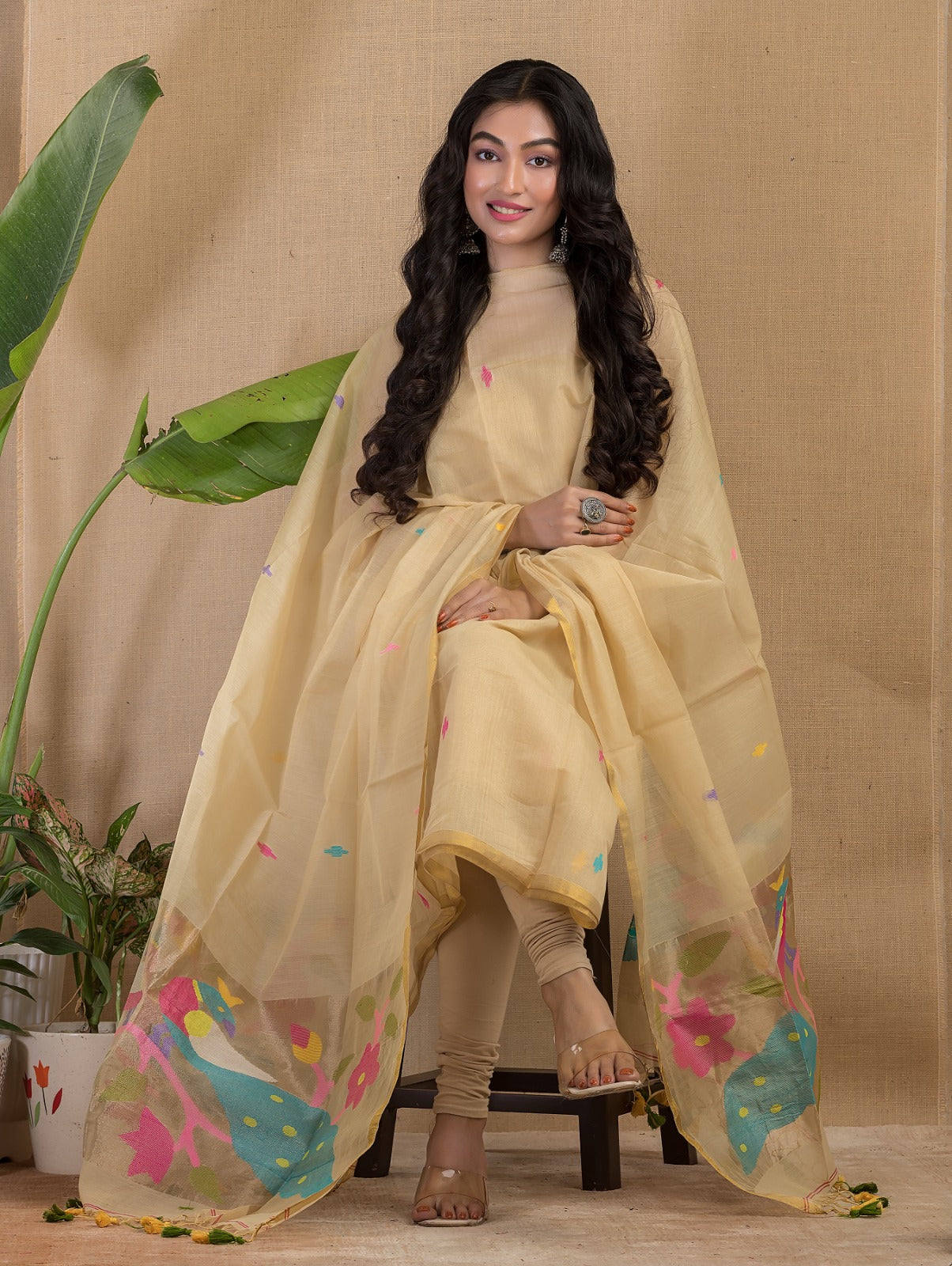 Rihyaaz Muslin Peacock Motif Paithani Jamdani handwoven suit with 2.5 meter top and tassel detailed dupatta