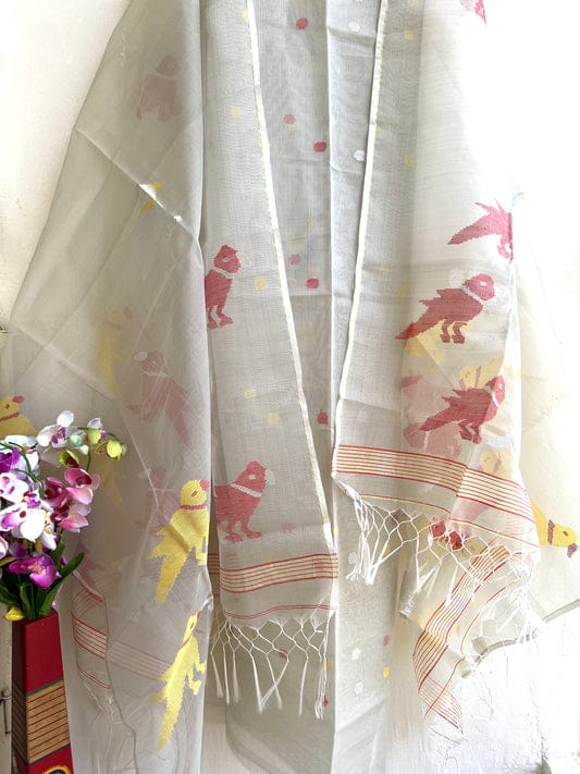 Chidiya muslin woven suit with zari and silk weaving, featuring polka dot motifs on the top by Rihyaaz Fashions.