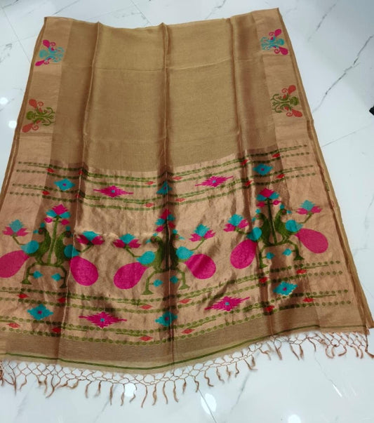 Mayeri Pure Linen Tissue Silk Jamdani Saree with beautiful double-side borders and blouse piece, colour customisation available | Rihyaaz