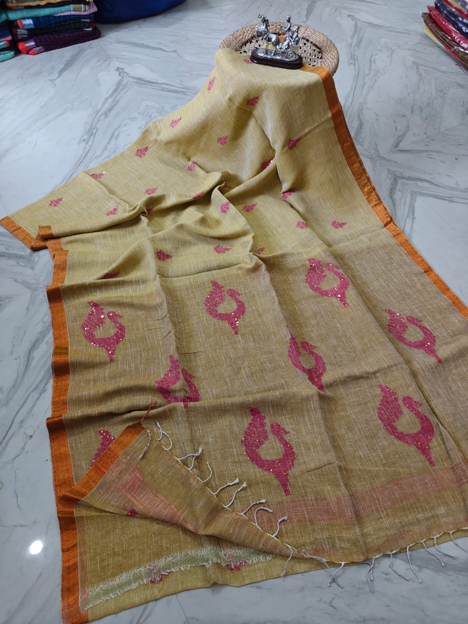 Exclusive Pure Linen by Linen Peacock Jamdani handwoven saree with all-over body Mina work and running blouse piece by Rihyaaz