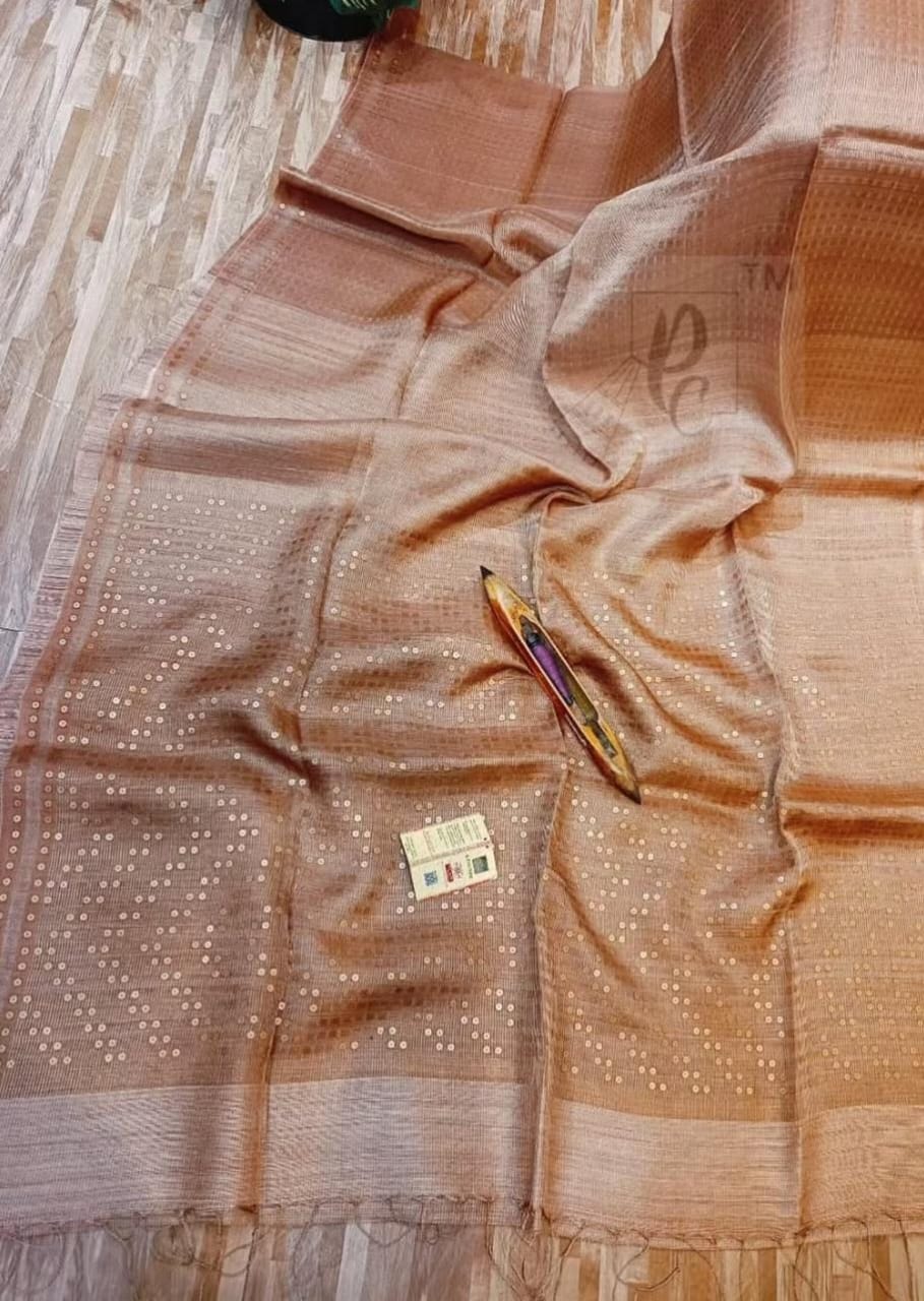 Shama Pure Resham festive saree with dual silver and golden zari stripes, sequin work on palla and border, paired with Pure Matka blouse piece by Rihyaaz.