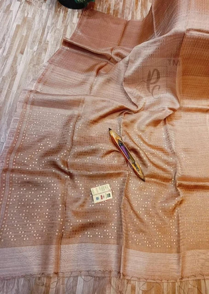 Shama Pure Resham festive saree with dual silver and golden zari stripes, sequin work on palla and border, paired with Pure Matka blouse piece by Rihyaaz.