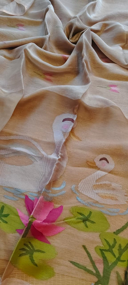 Morali beige pure silk Jayshree linen saree with sleek zari border, handwoven Jamdani resham palla and delicate lotus motifs all over the body, with running blouse piece by Rihyaaz Fashions.