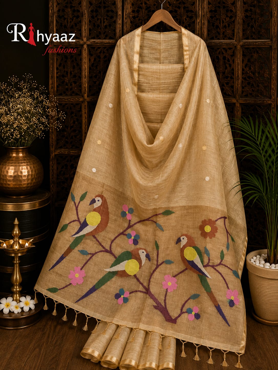 Niharika pure tissue silk linen saree with Paithani pallu and Jamdani hand weaving, featuring BP and Handloom Mark.