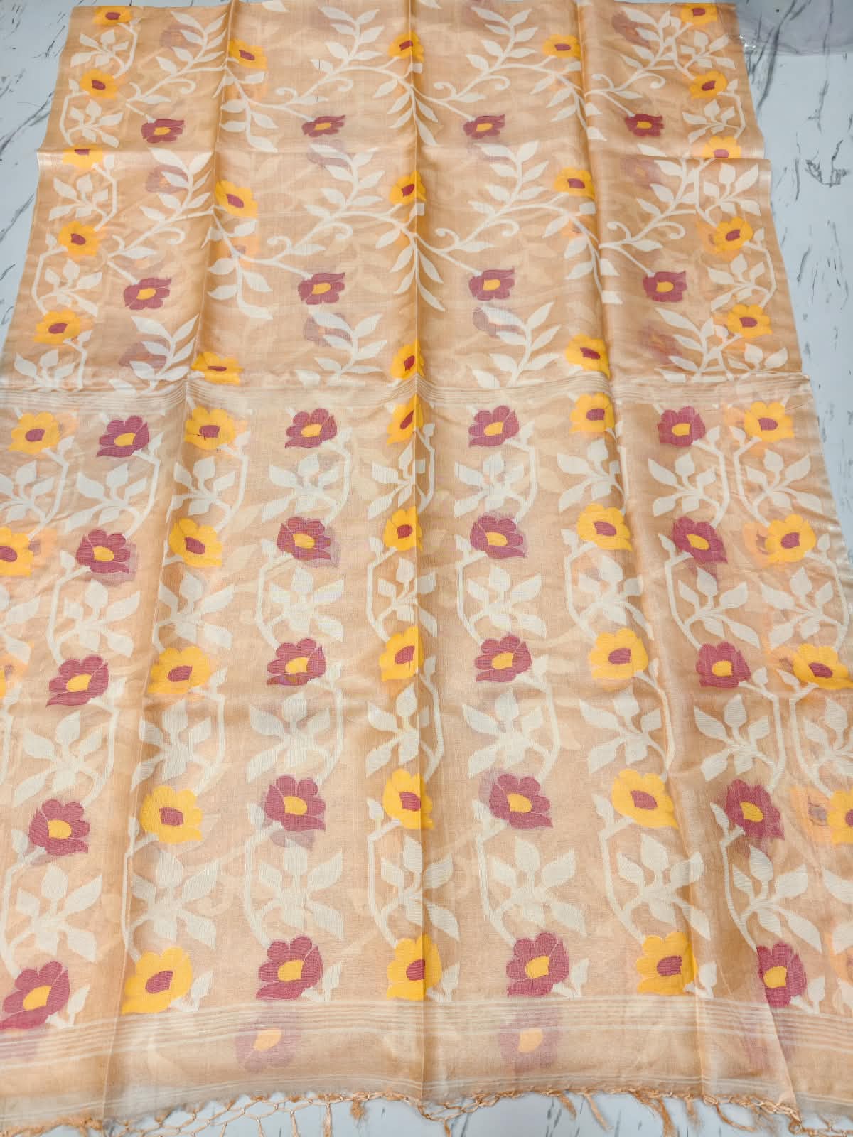 Bageecha Beige Pure Tussar Jamdani saree with intricate all-over handwoven floral Jamdani work, Silk Mark certified by Rihyaaz 