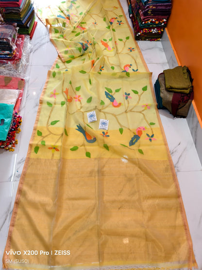 Papri Resham silk jamdani saree with allover handwoven bird & floral weaves by Rihyaaz 