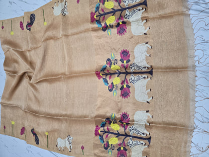Suravi Silk Linen Pichwai Inspired Jamdani Saree by Rihyaaz featuring intricate handwoven Pichwai-inspired motifs on premium silk linen fabric, ideal for festive, wedding, and ethnic wear.