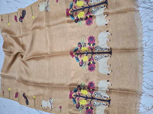Suravi Silk Linen Pichwai Inspired Jamdani Saree by Rihyaaz featuring intricate handwoven Pichwai-inspired motifs on premium silk linen fabric, ideal for festive, wedding, and ethnic wear.