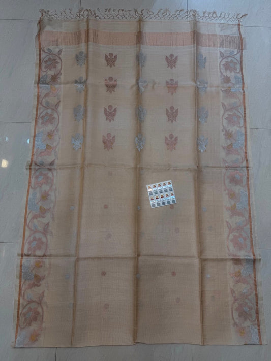 Authentic Pure Gachhi Weaving Tissue Tussar Jamdani Saree with Unique Dye Design and Government Silk Mark Tag by Rihyaaz
