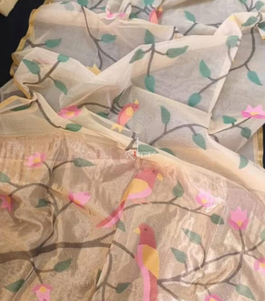 Shakuntala - All over bird embedded floral weaved tissue Paithani palla handwoven saree by Rihyaaz in premium festive ethnic wear.
