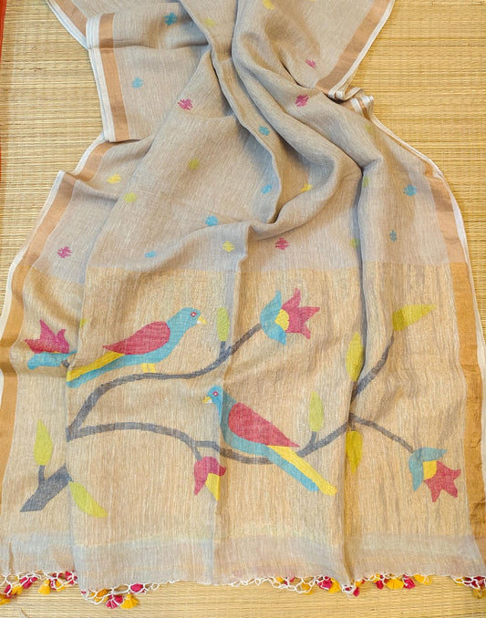 Awali - Exclusive Paithani linen handwoven saree with traditional Paithani border and rich woven pallu by Rihyaaz in premium artisan weave for festive and wedding wear.