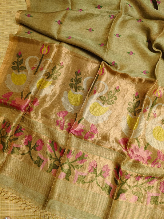 Embroidered saree with floral and swan designs on a beige background