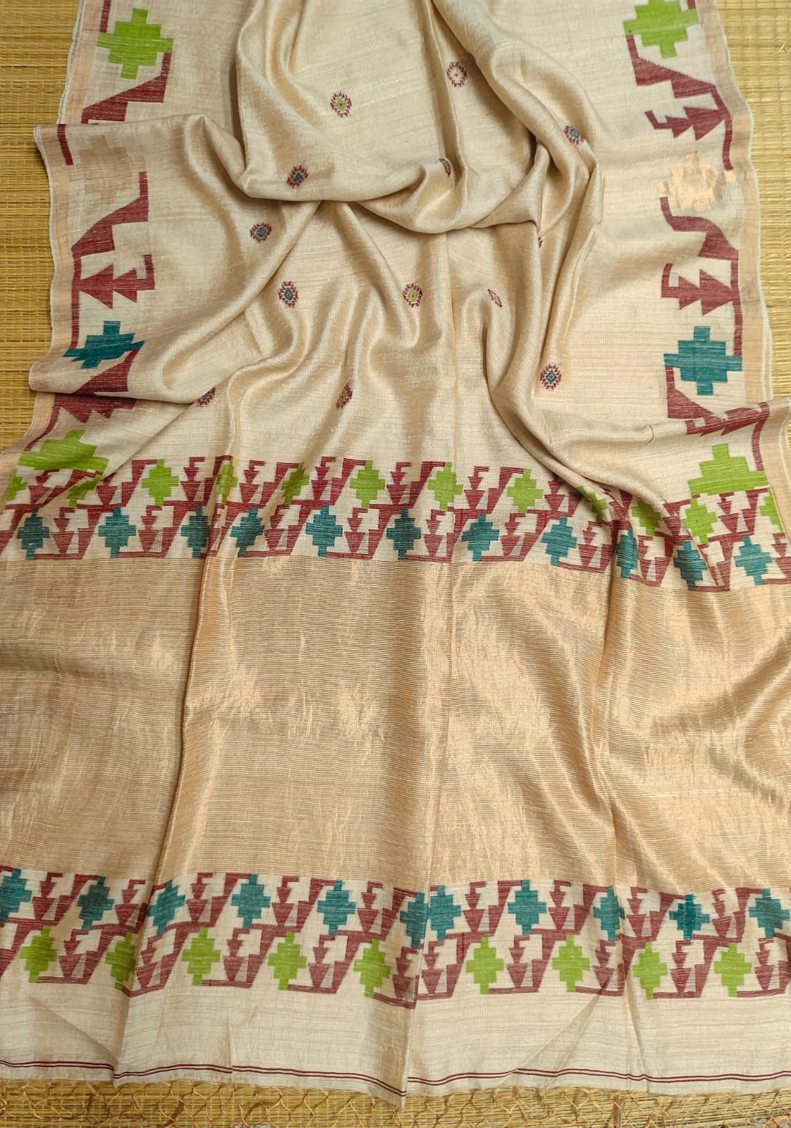 Qafiya - Handwoven Tussar Needle Jamdani saree by Rihyaaz featuring intricate woven motifs, premium Tussar silk fabric, elegant drape, and authentic Bengal craftsmanship for festive and wedding wear.