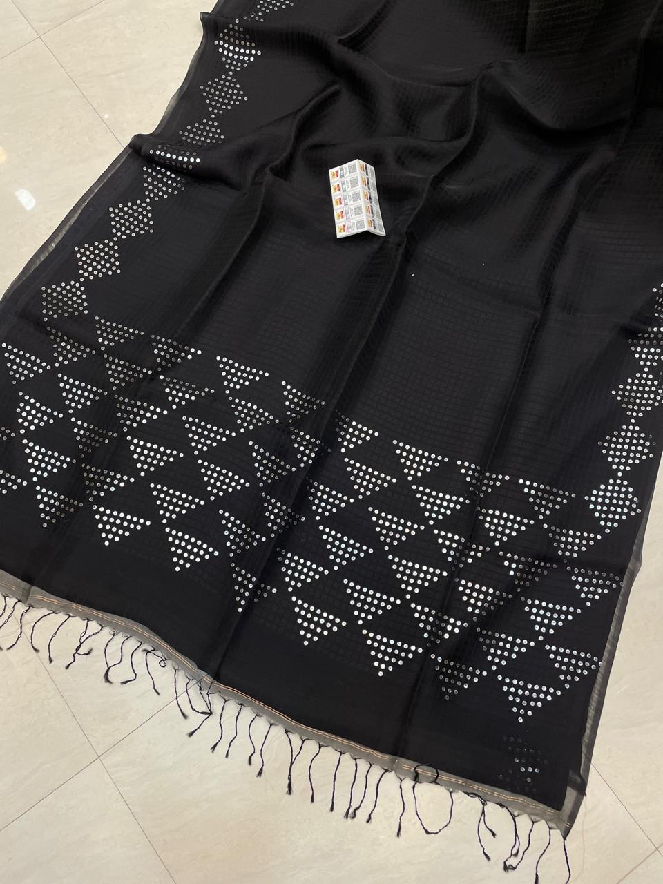 Tri Resham silk saree featuring intricate allover pocket weaving and elegant sequin detailing, showcasing traditional craftsmanship with a luxurious festive look, with Government Silk Mark — Rihyaaz.