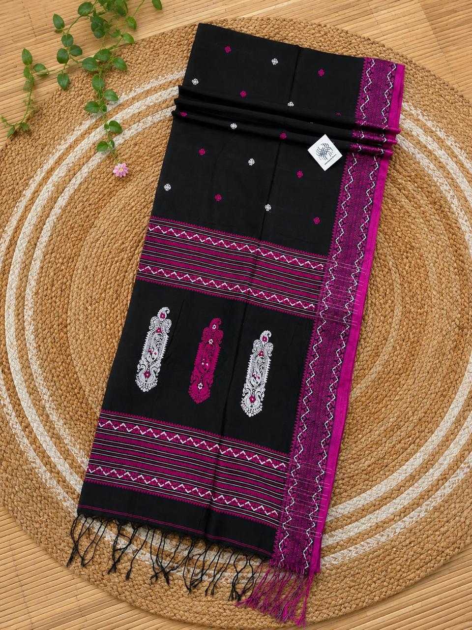 Authentic Black premium quality handloom Cotton Khadi Jamdani saree by Rihyaaz with unique traditional woven detailing and running blouse piece.